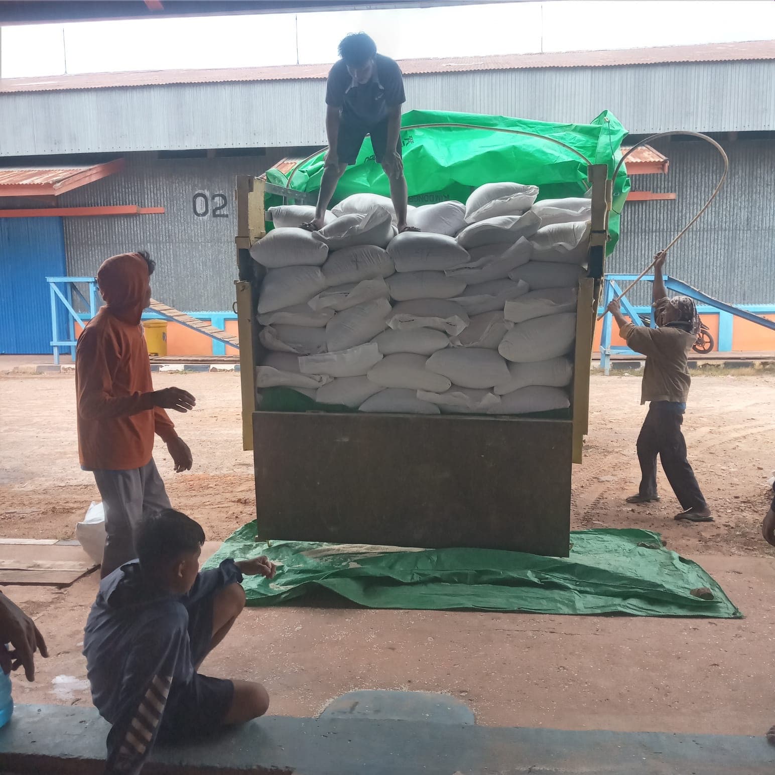 Pekerja menata muatan karung di atas bak truk